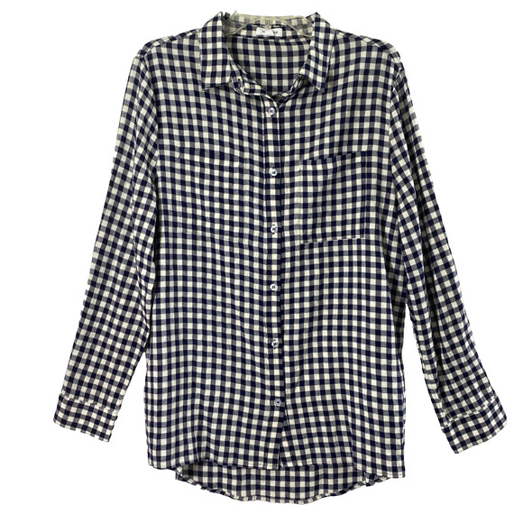 Mittoshop Gingham Shirt Womens Small Navy Blue White Check Oversized Button Top - Picture 1 of 9